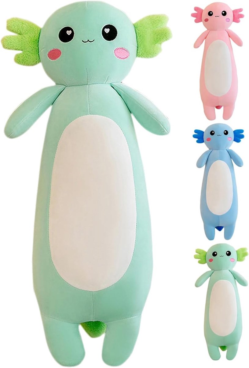 Axolotl Knuffelkussen - Extra Zachte Pluchen Salamander - Eco-vriendelijk Speelgoed (Groen, 65cm)