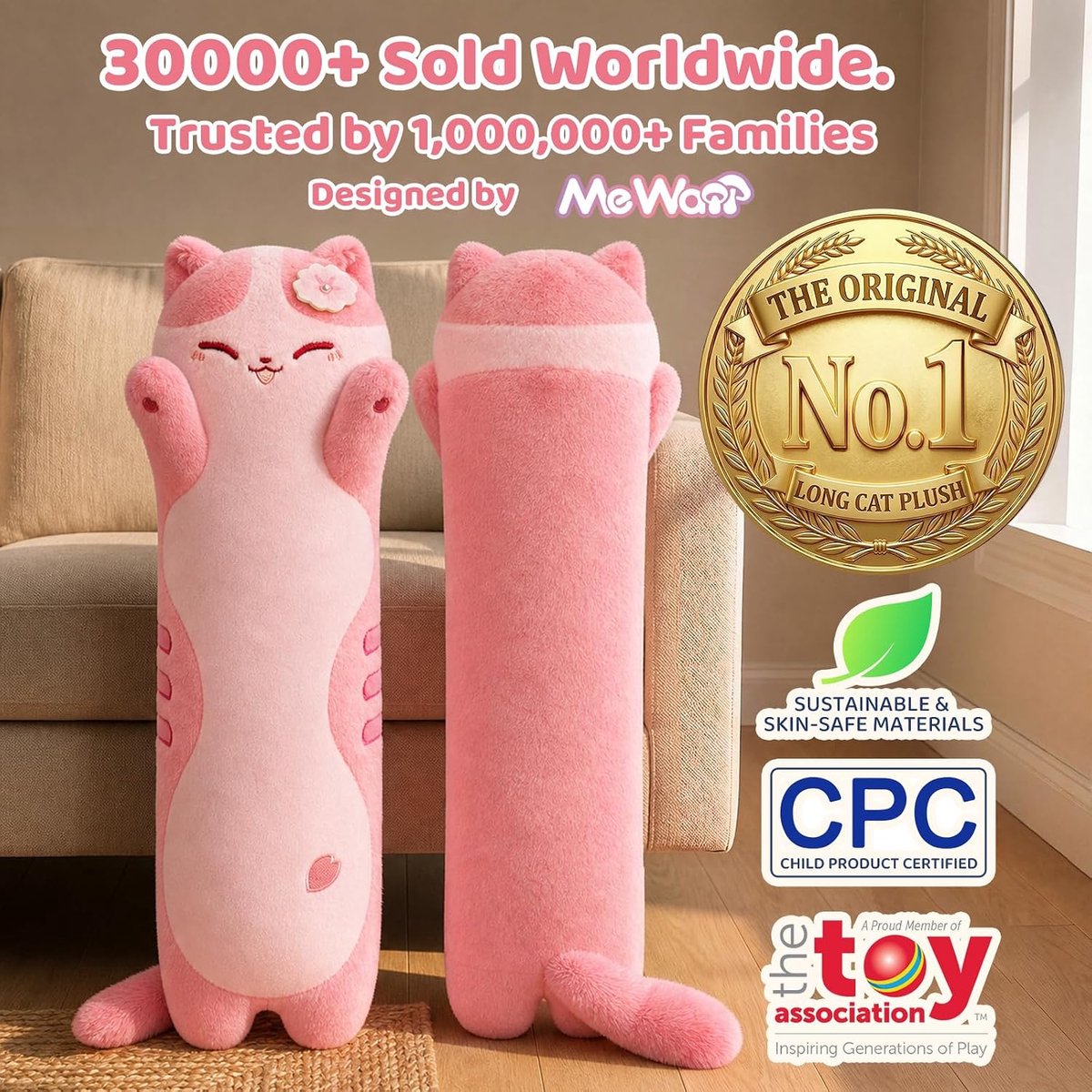 Artistiek ontworpen ultrazacht langkattenknuffelkussen, extra vulling voor comfort, premium knuffeldier als cadeau voor vriendin of kattenliefhebbers, 110 cm
