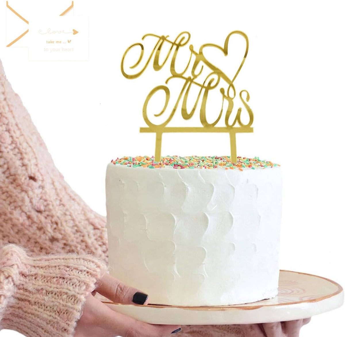 Taarttoppers voor bruidstaarten, gouden glitter acryl Mr en Mrs taarttopper gepersonaliseerde taarttopper met een kaart voor verloving, bruiloft, bruidsfeest, jubileum, verjaardagsfeest taartdecoratie