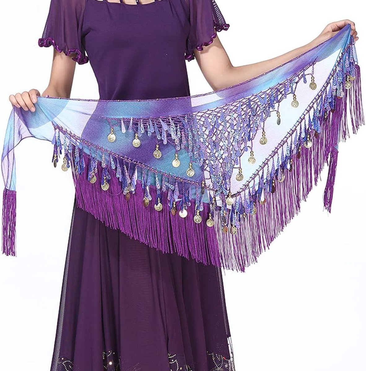 Heupdoeken, Meisjes/Dames Golfvormige Rokken met Pailletten, Paarse Chiffon Rok met Kwastjes, Kostuumriem voor Festival, Club, Zomerstrand en Dans