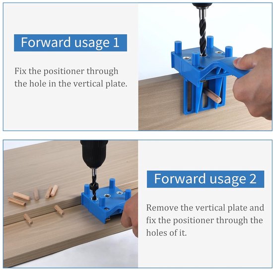Boorsjabloon, pluggenhulp, pluggenmes, boorhulp, verticaal boren, pluggeninrichting met 6 mm, 8 mm, 10 mm, boor, houtpluggen, centreerpunt, boorgeleiding voor pluggaten, houtbewerking, blauw — afbeelding 3