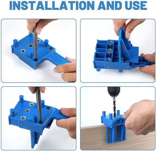 Boorsjabloon, pluggenhulp, pluggenmes, boorhulp, verticaal boren, pluggeninrichting met 6 mm, 8 mm, 10 mm, boor, houtpluggen, centreerpunt, boorgeleiding voor pluggaten, houtbewerking, blauw — afbeelding 2
