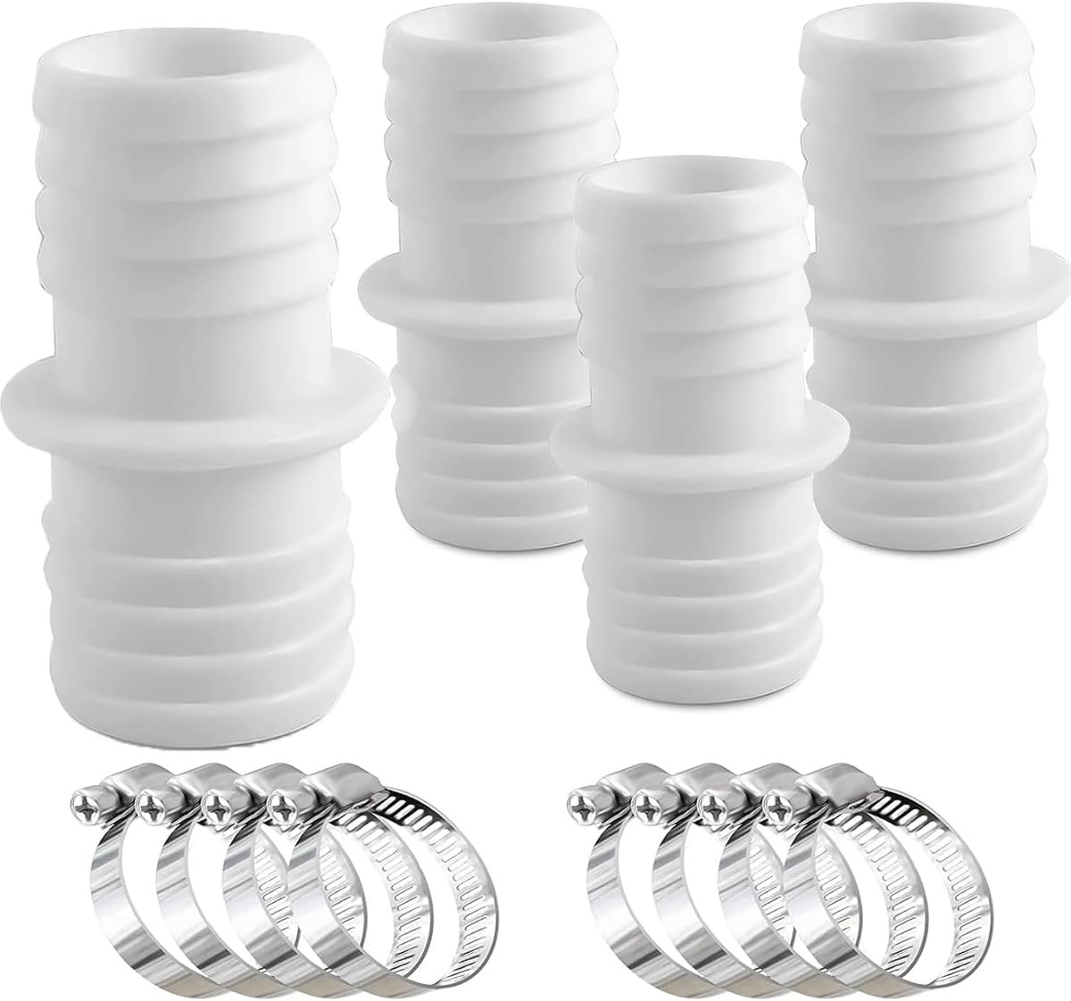 Set van 4 zwembadslangverbindingen van Ø 38 mm tot Ø 38 mm + 8 slangklemmen - zwembadslangadapter - dubbele slangaansluiting voor zwembad