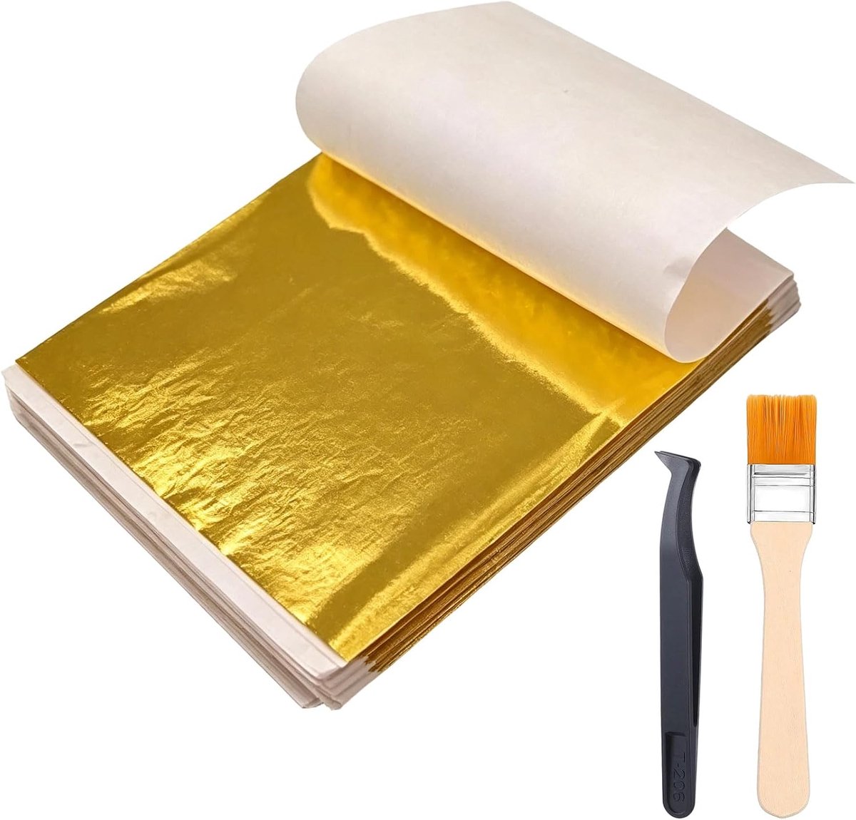Bladgoudset, 100 vellen bladgoud met kwastje en pincet, vellen folie voor meubels, knutselwerk, nagelkunst, decoratie- en verguldingsbenodigdheden