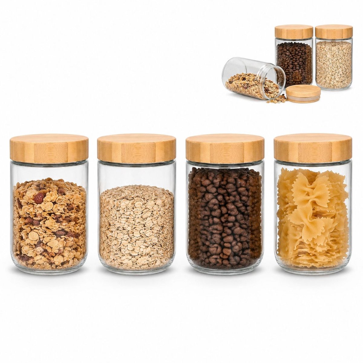 VHV - Glazen voorraadpotten 500 ml - Set van 4 potten met houten deksel en siliconen ring voor overnight oats