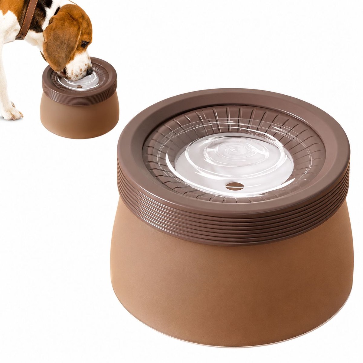 VHV - Drinkbak hond 1200 ml - Spatwaterarme waterbak met drijvende schijf en antislip bodem - bruin