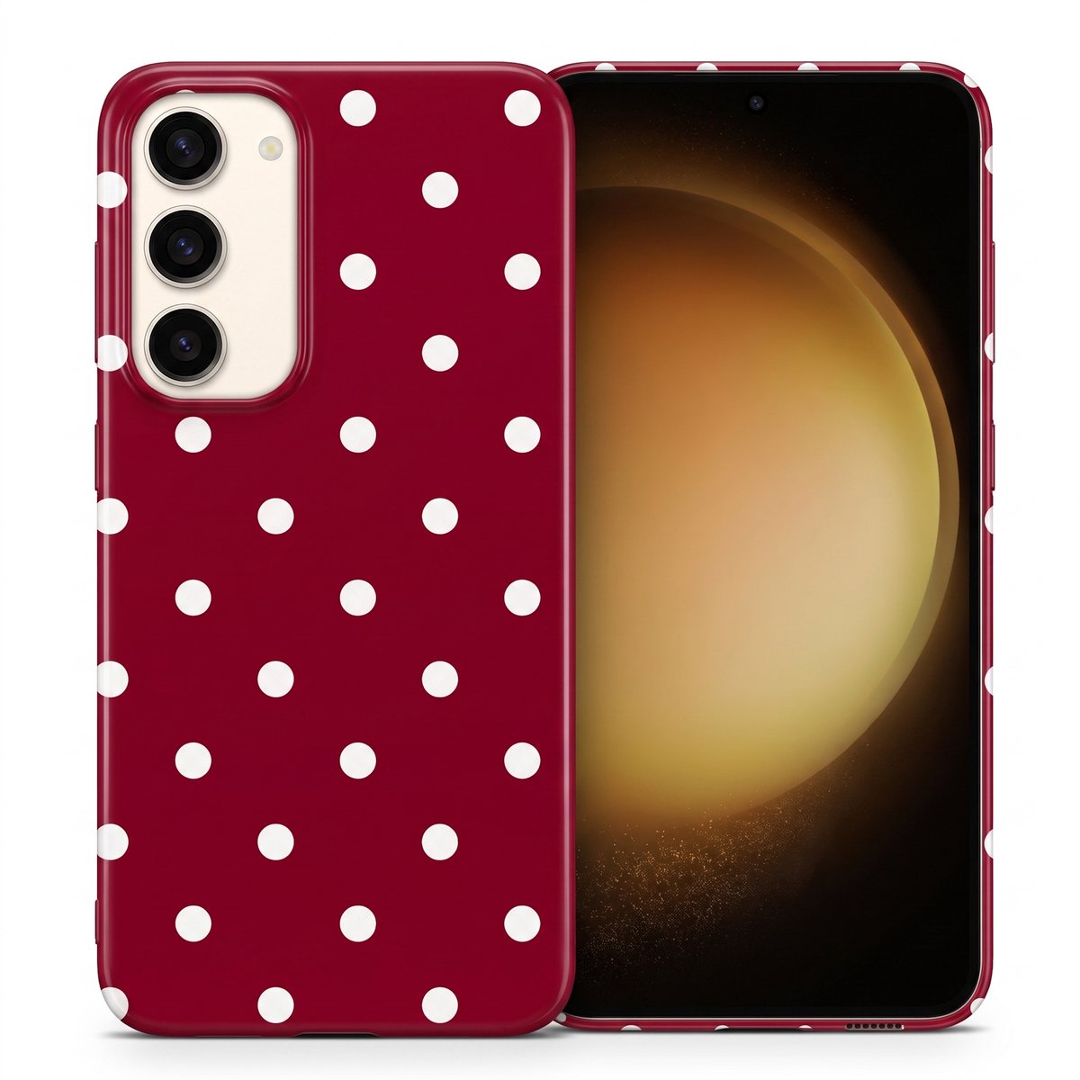 Hoesje geschikt voor Samsung Galaxy S23 – Polka Dots – Exclusief Design – Polycarbonaat – Bordeaux en Wit