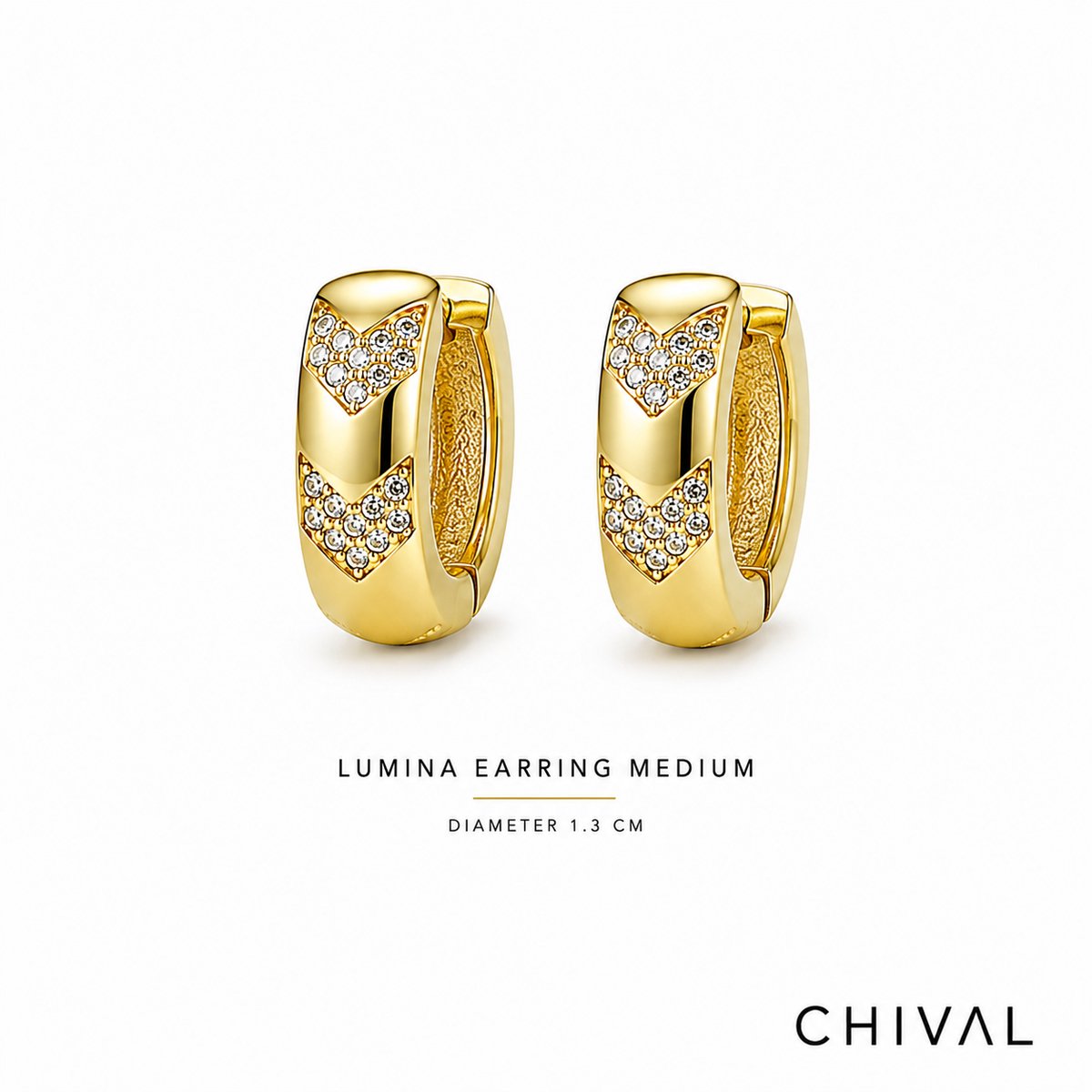 CHIVAL Lumina Oorbellen Dames medium doorsnede 1,3 cm - 18K Verguld Goud - Goudkleurige Hoop Oorbellen met Zirkonia - Elegant - Cadeau voor Vrouw