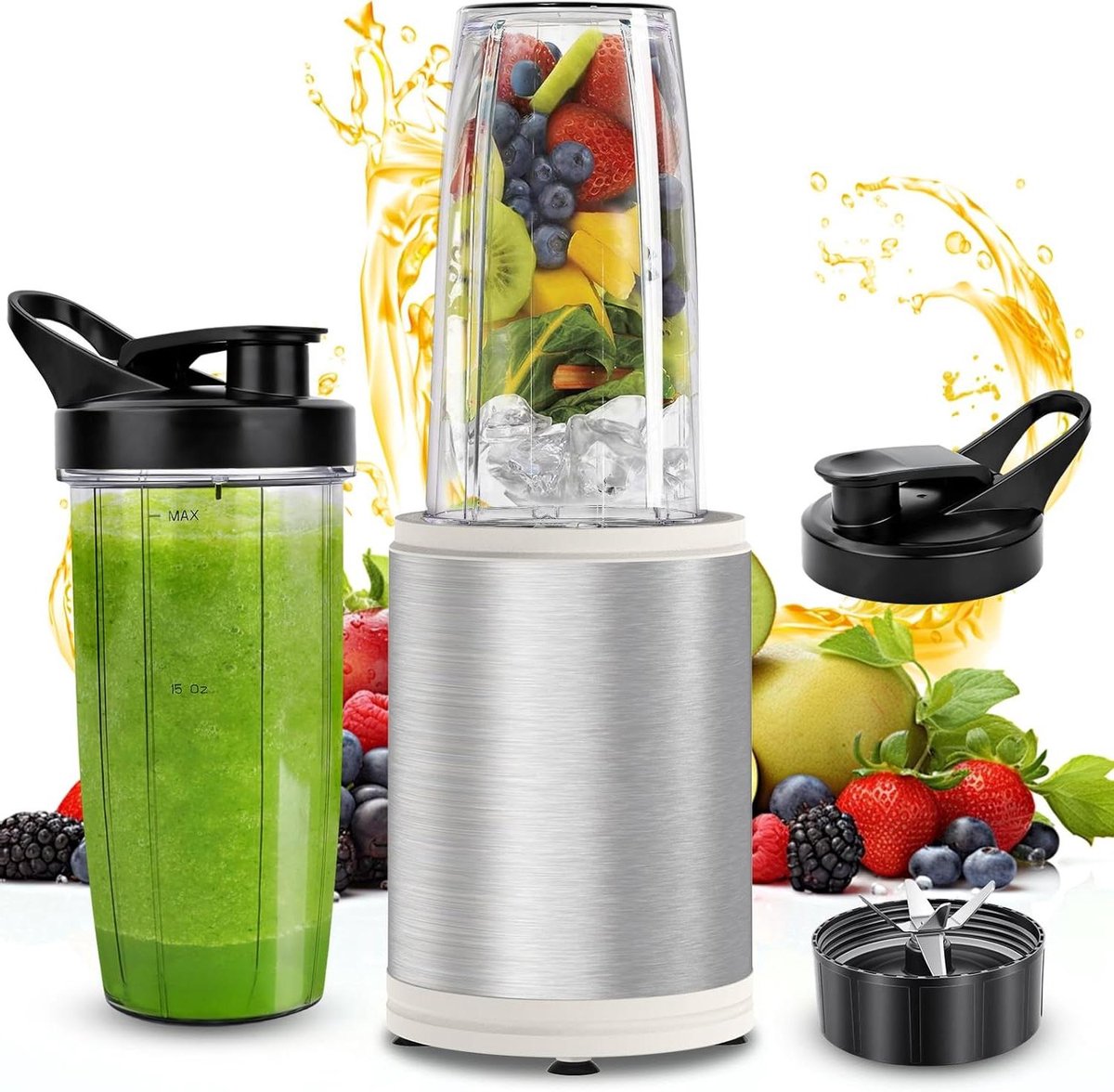 Draagbare Smoothie Maker - Mini Blender - Gezonde Drankjes Maken - Krachtige 1200W Motor - 2 x 800 ml - Zilver