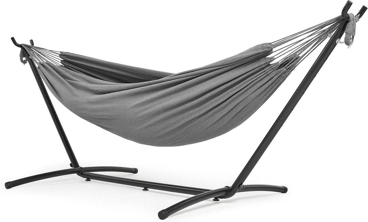 Hangmat met standaard - Dubbele stof hangmat - Ontspannen in de tuin - Roestbestendig frame - 200 kg draagkracht - Grijs