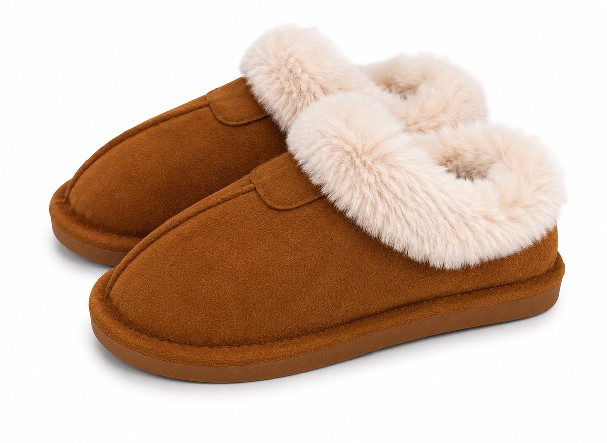 Dames Pantoffels – Warme Sloffen met Zachte Bontkraag – Suède Look – Comfortabele Huisschoenen – Maat 38 - Chesnut -