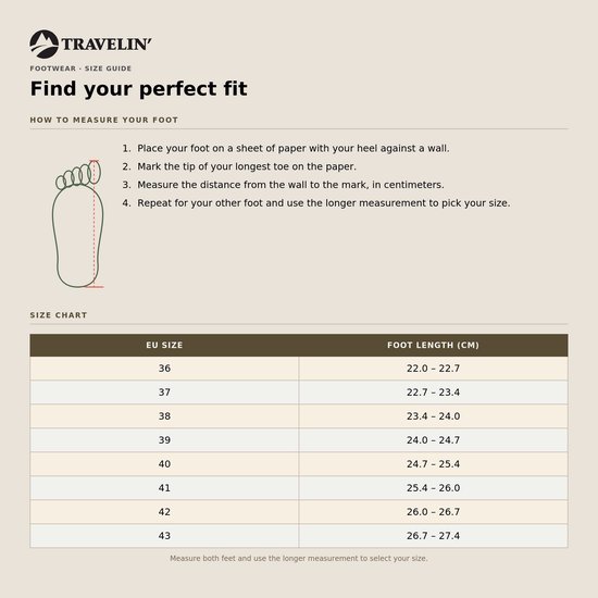 Maattabel van Travelin' om de perfecte pasvorm te vinden, met voetlengte in centimeters.