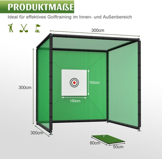 Golf oefennet 300x300x300 cm - voor binnen en buiten - met doelvlak voor gerichte training - inclusief oefenmat en rubber tee - robuust stalen frame - perfect voor tuin, garage of park van GOLF — afbeelding 2