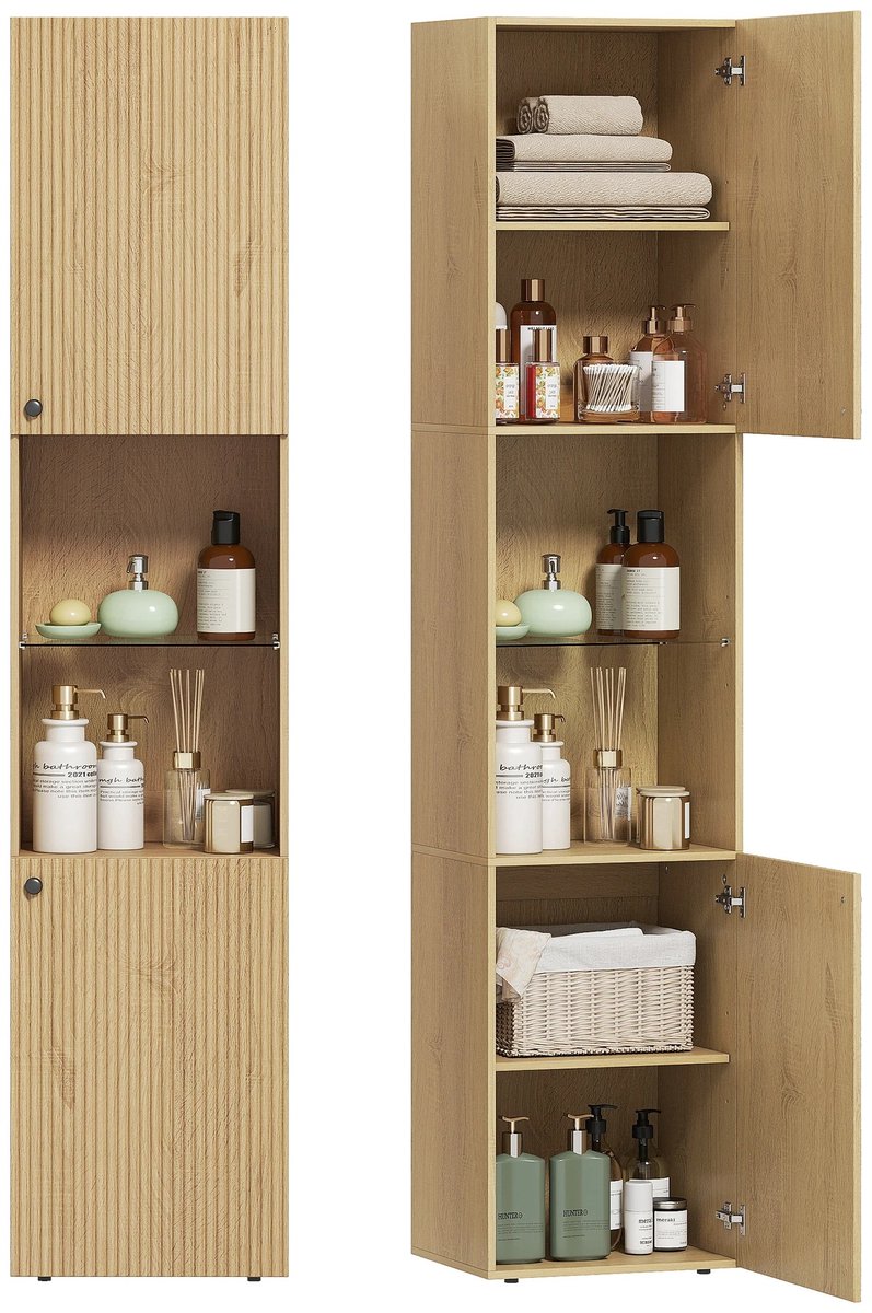 Archi Hoog Badkamermeubel – Kolomkast - 6 Niveaus en 2 Deuren – Verstelbare Planken en Gehard Glas – 40 × 31 × 182 cm – Eikenlook