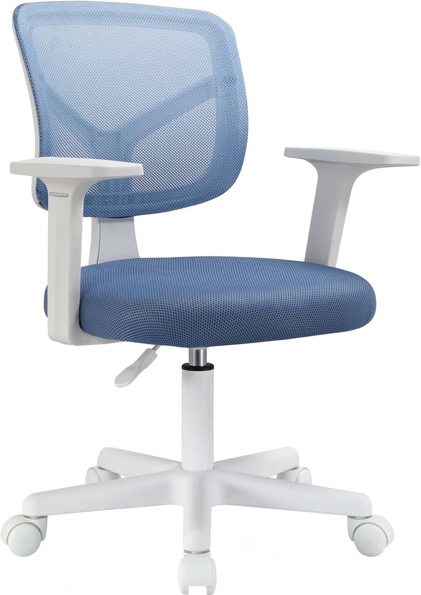 Kinderbureaustoel Ergonomisch – Verstelbare Bureaustoel Kind met Wielen en Armleuningen – Ademende Mesh Rugleuning – Draaibare Kinderstoel voor Bureau, Studie en Slaapkamer – Blauw