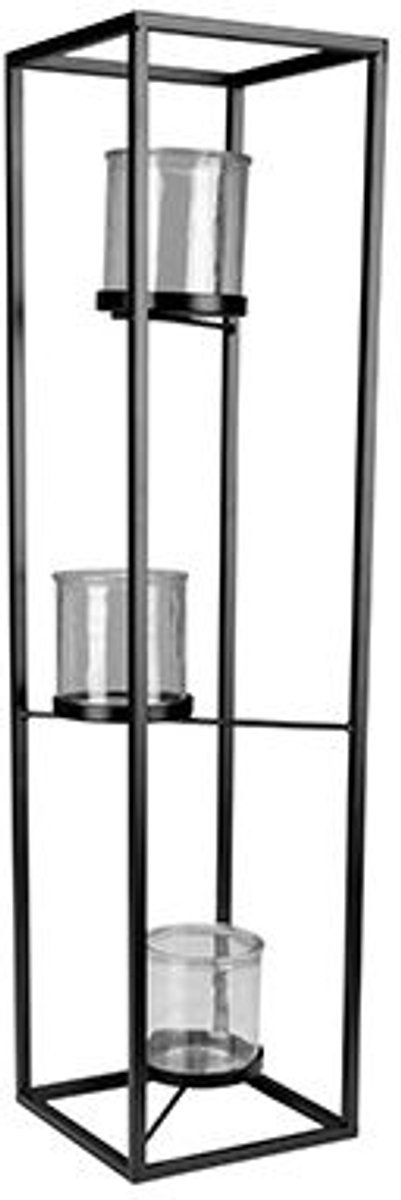 Theelichthouder 3 Glasses Zwart 15x15xh6 1cm Rechthoek Metaal-glas