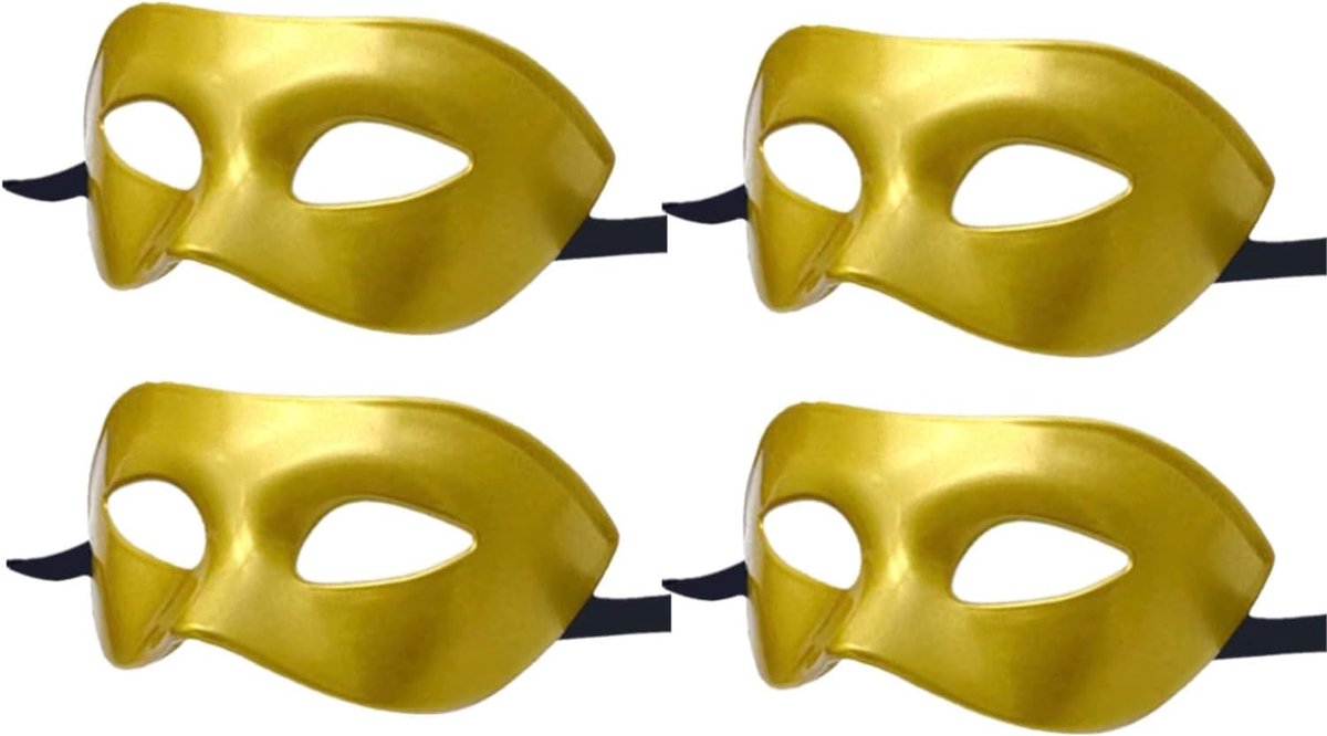Set van 4 maskermaskers voor dames en heren, van zeer elastisch kunststof, opvouwbaar, effen, geschikt voor alle eindejaarsbal, goud