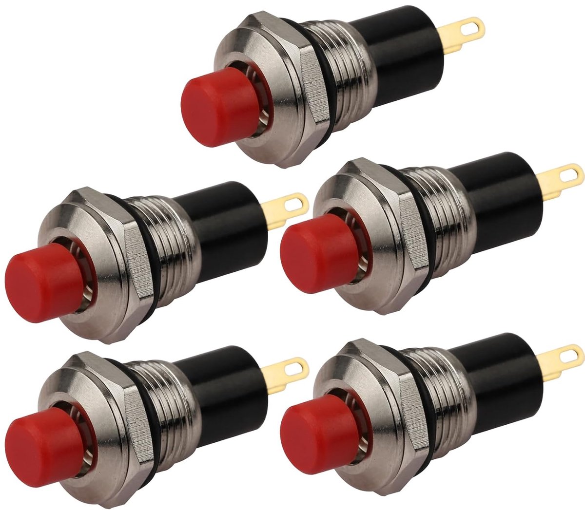 Drukschakelaars, zelfvergrendelende mini-schakelaars die vergrendelen, 10mm rond DC24V 0,5A rode kap 5 stuks