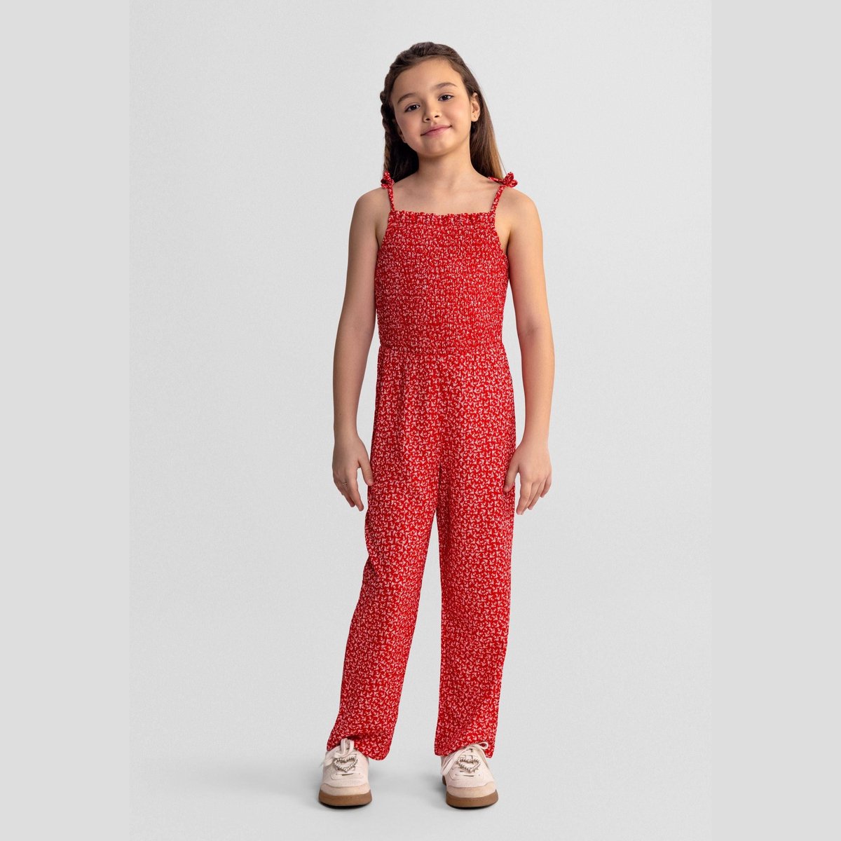 Minoti jumpsuit meisjes met bloemenprint en strikbandjes - rood