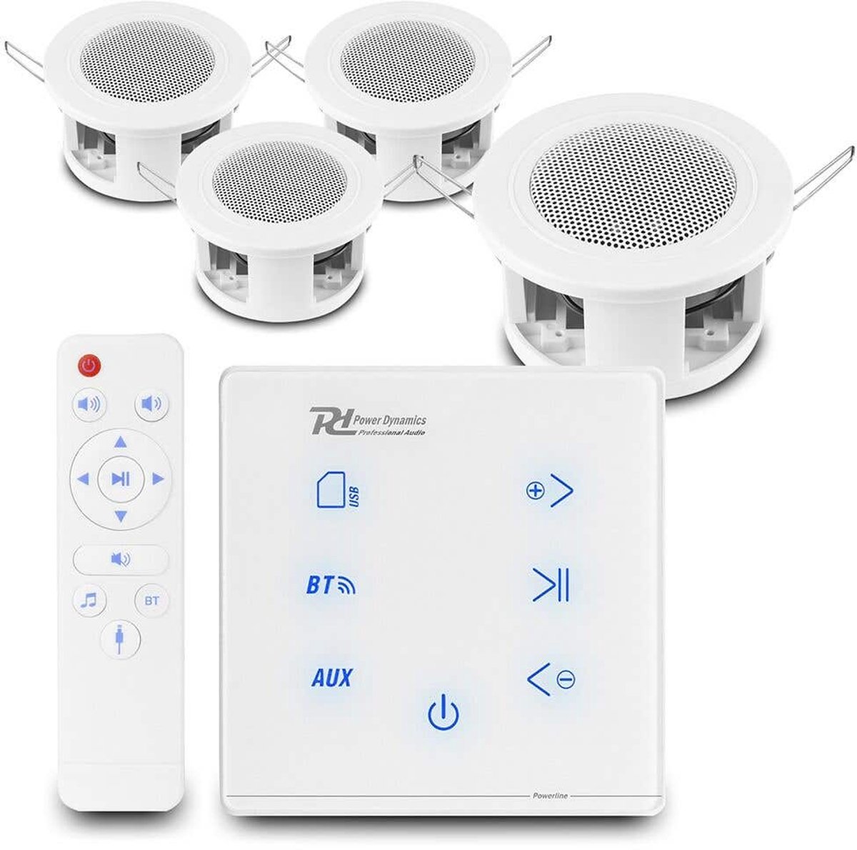 Power Dynamics set van 4 CSBA3L plafondspeakers met de A50W inbouw versterker - Bluetooth - 2x 20W