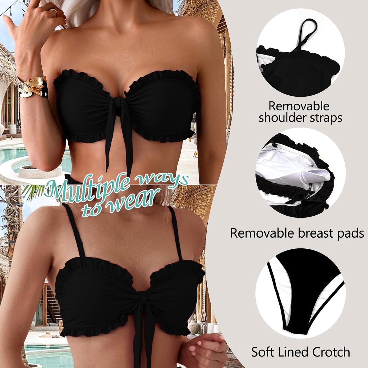 Bikiniset voor dames, met verstelbare bandjes, V-hals, volants, vlinderknopen, badmode, tweedelig badpak