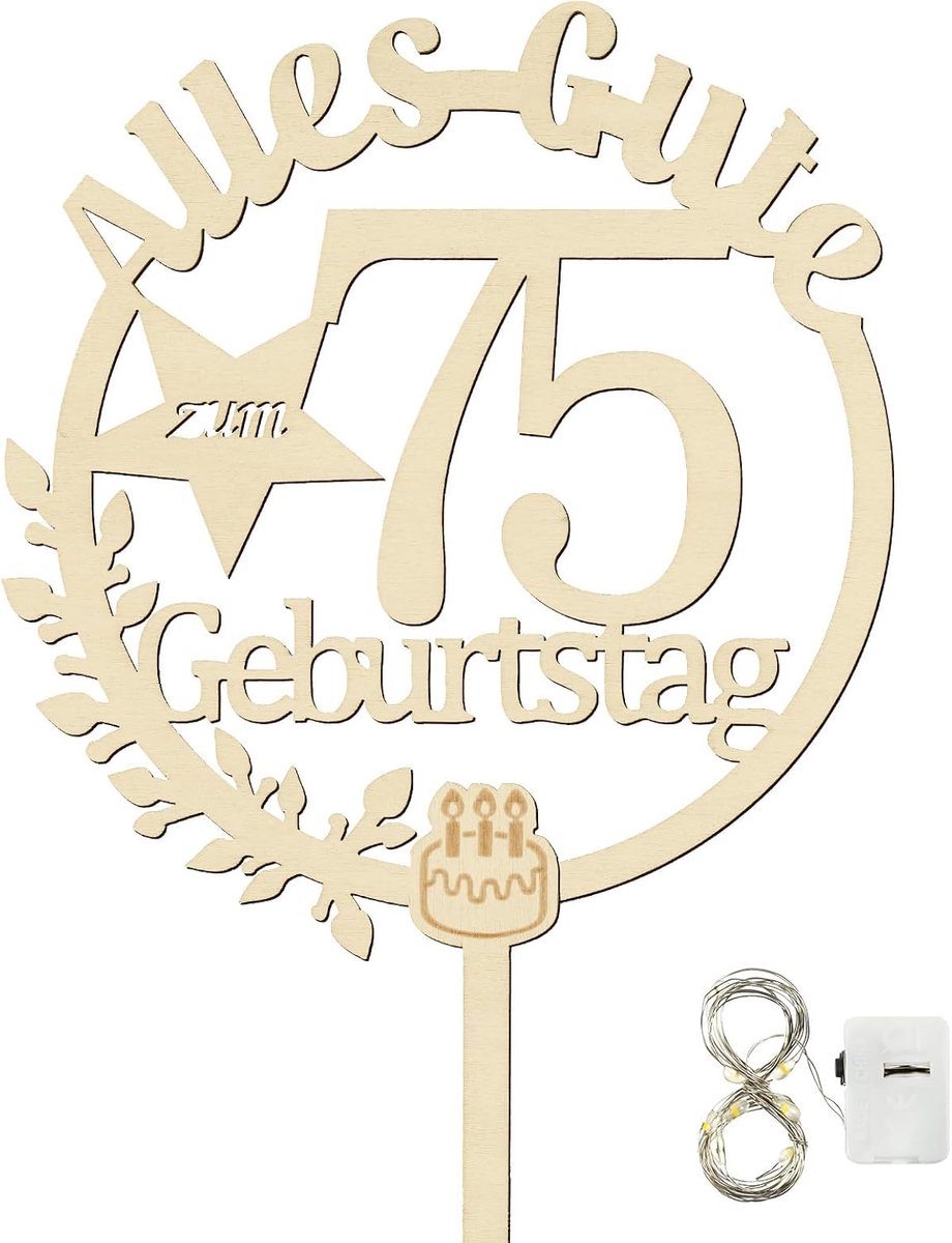 Taartdecoratie van hout, taarttopper 75 met led-slinger, taarttopper, communie, hout, Happy Birthday, taartdecoratie, Happy Birthday