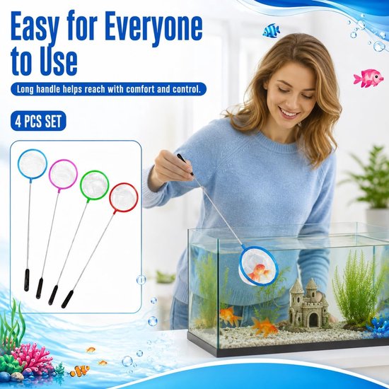 4 visnetten voor aquarium, 10 x 30 cm, fijnmazig met handvat, voor aquarium, vijver en reiniging — afbeelding 2