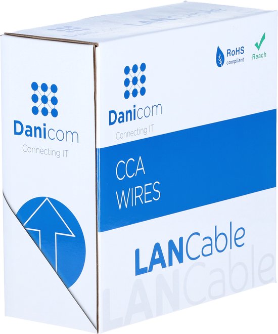 Boîte blanche avec logo bleu 'Danicom', 'CCA WIRES' et 'LAN Cable'. Indique 'RoHS compliant' et 'Reach'. Avec symbole flèche.