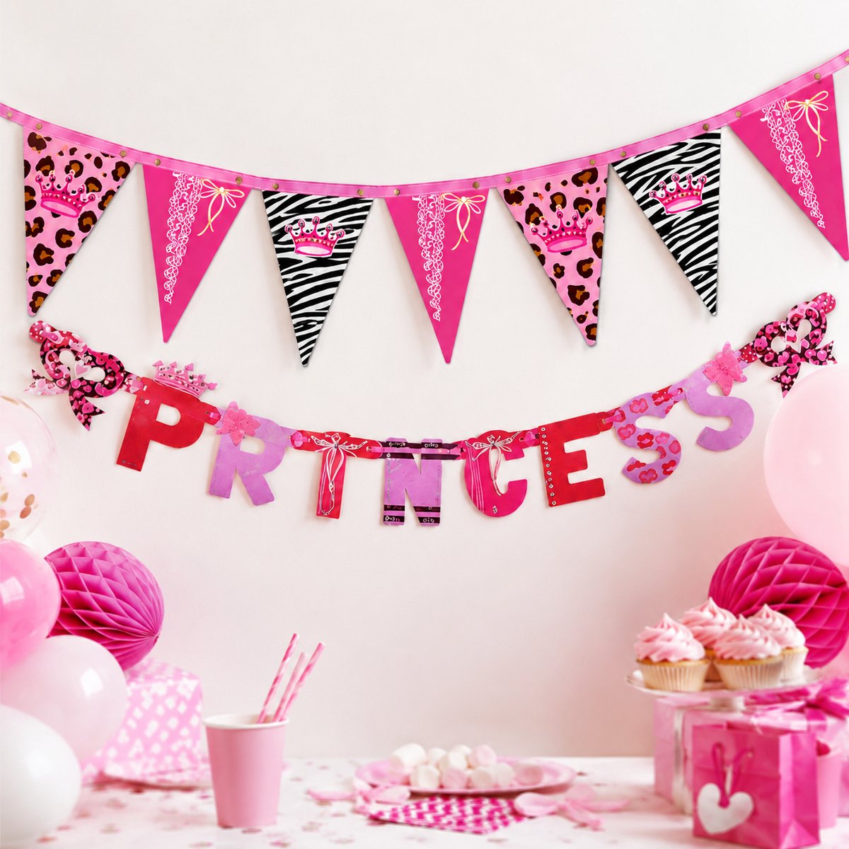 Prinsessen Feestversiering Set - Vlaggenlijn 6 Meter + Princess Letterslinger 150 cm - Roze Kinderfeest Decoratie