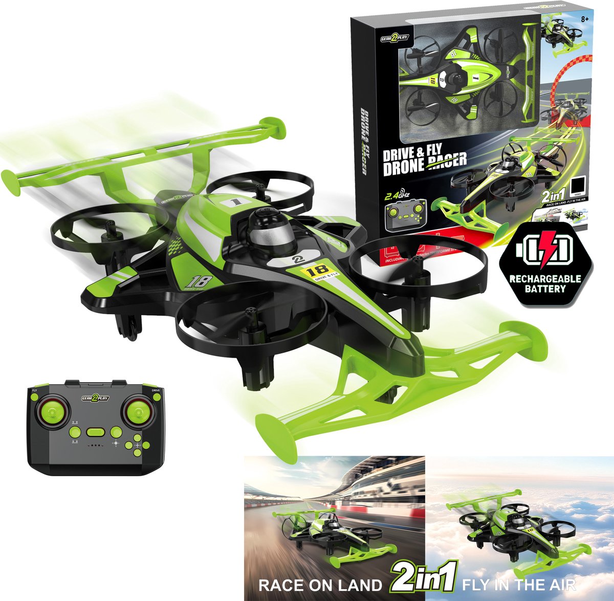 Gear2Play Drive & Fly Drone Racer groen - 2-in-1 Drone die rijdt en vliegt - Incl. Stunt accessoires en oplaadbare batterij