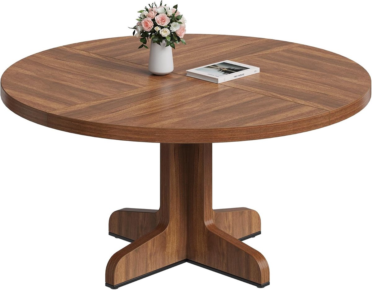 Landhuis stijl ronde eettafel 120 cm voor 4 personen – walnoot afwerking houten blad, gebogen voetonderstel – rustieke ronde tafel voor keuken en eetkamer