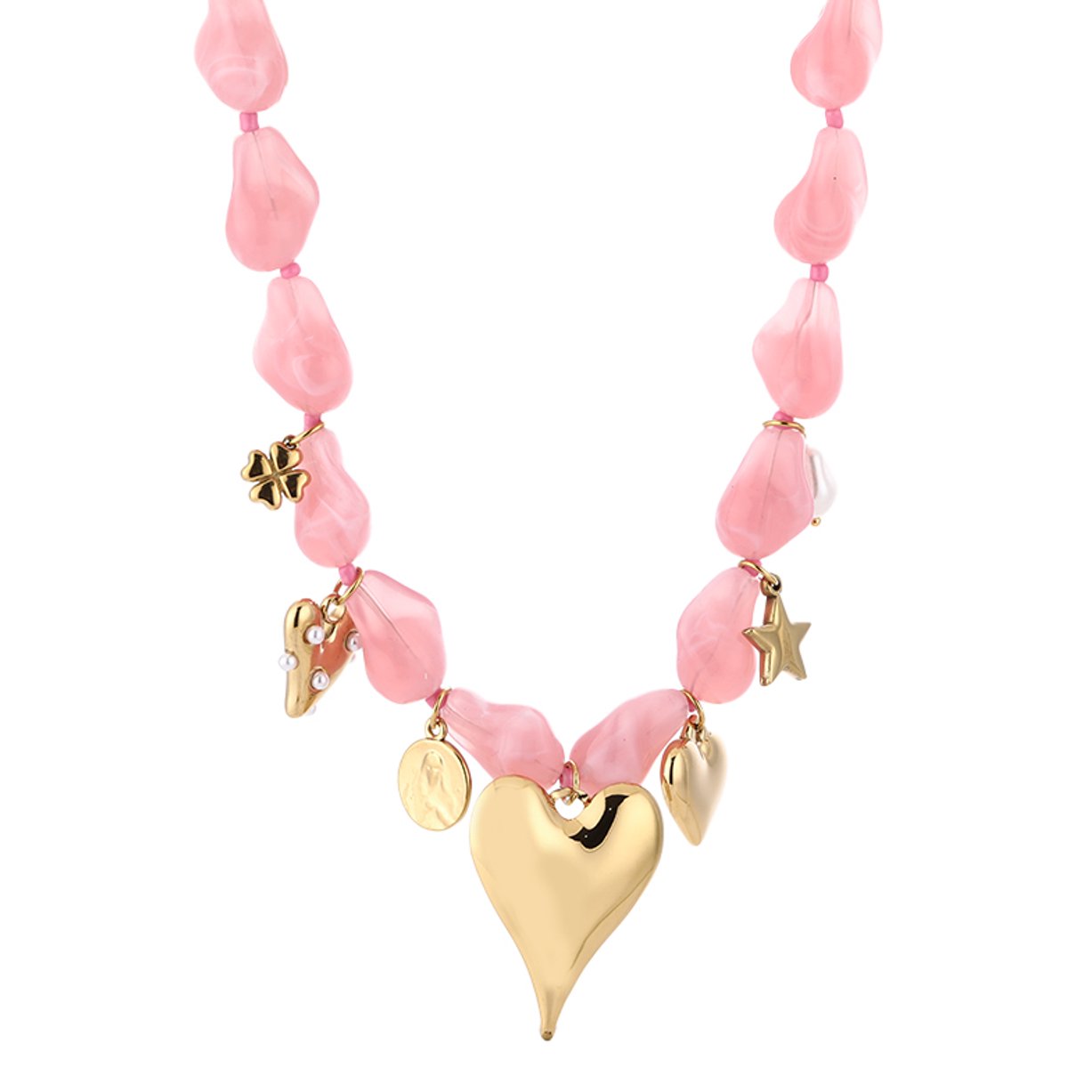 Irregular Bead Charms Necklace – Kralen Ketting met Bedels – RVS - Roze