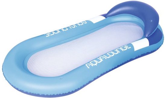 Blauwe opblaasbare waterhangmat met witte accenten en 'Aqualounge' logo. Met netstof zitting.