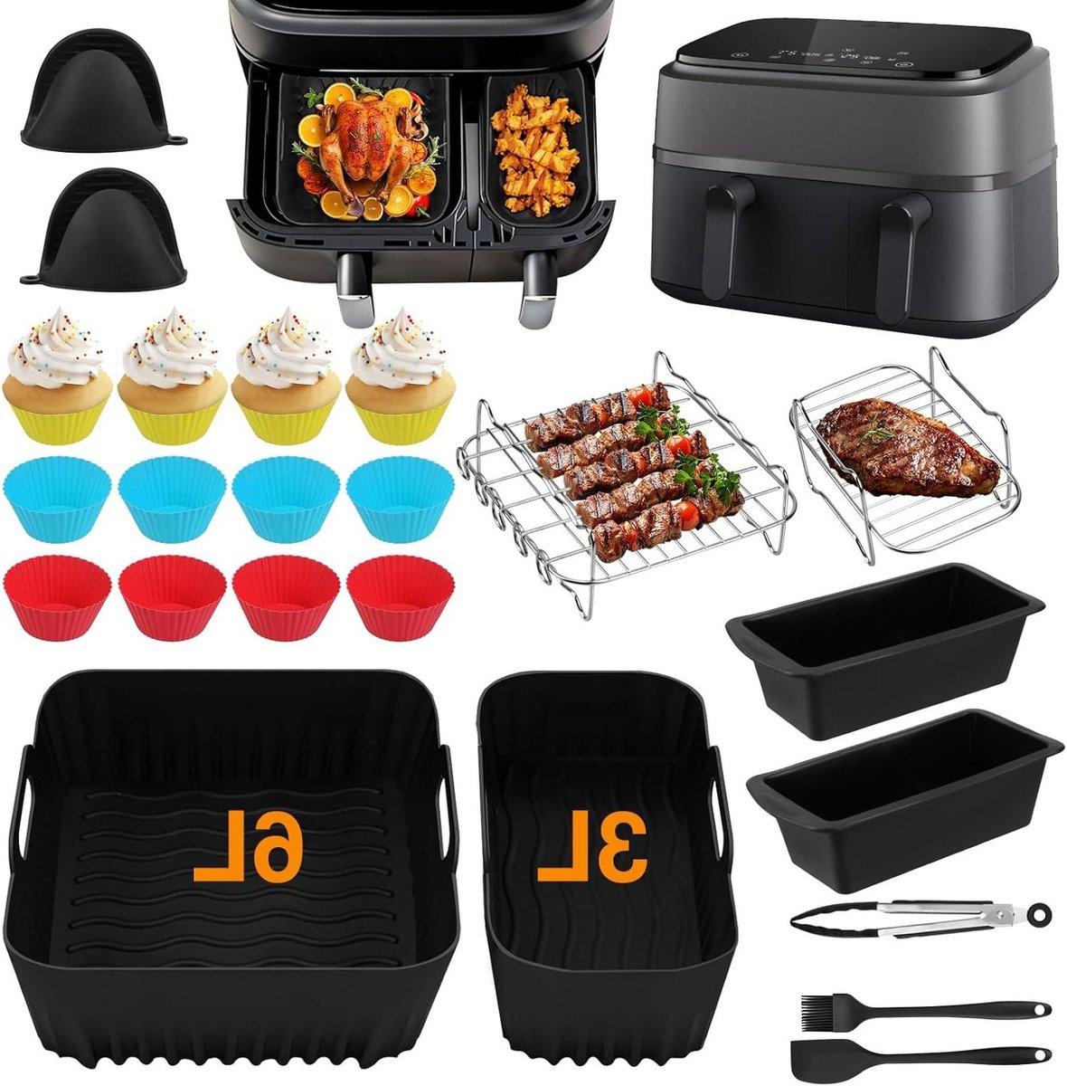 Airfryer Accessoires Set - Keuken Gereedschap - Veelzijdig Koken - Duurzaam Materiaal - 28 Delig - Zwart
