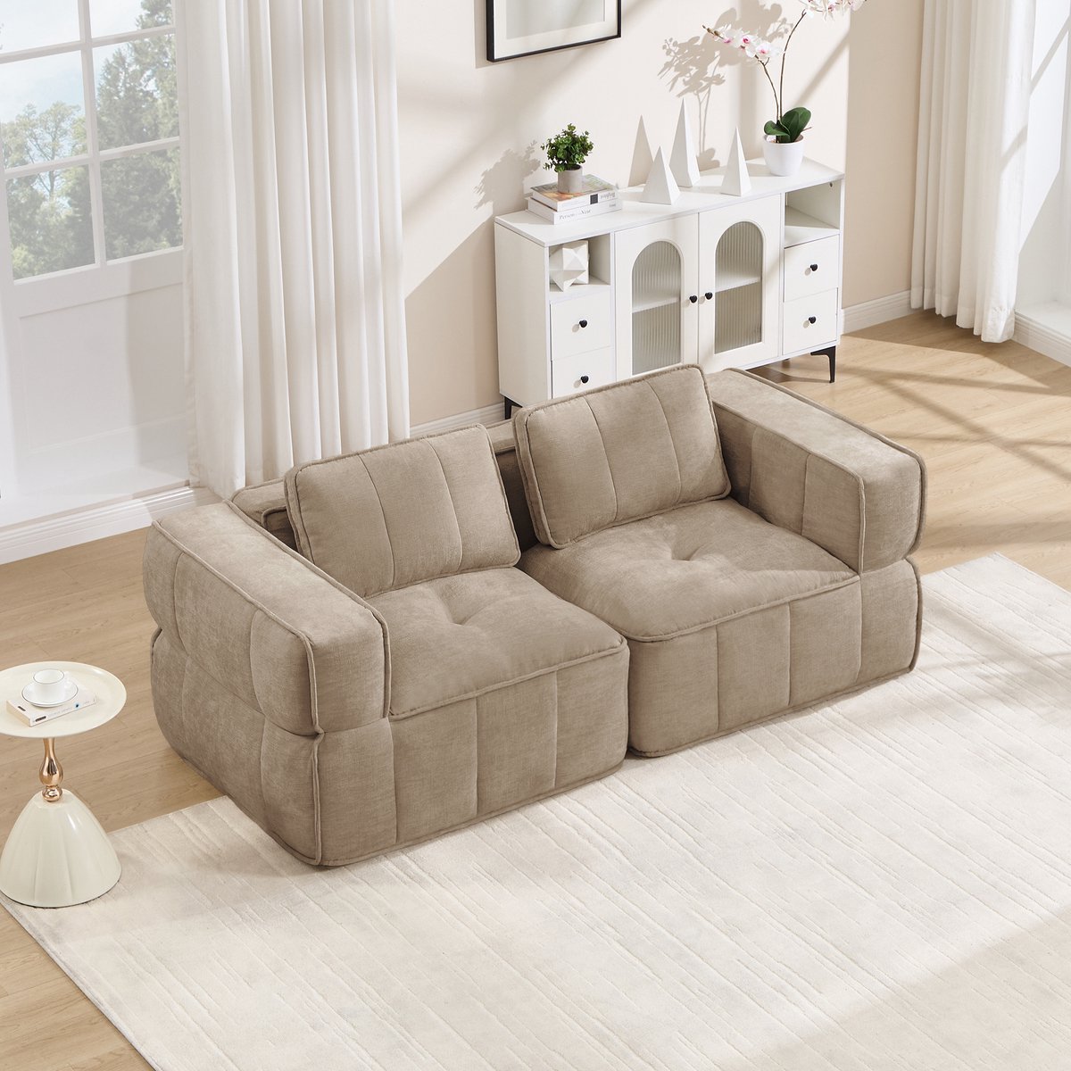 Moderne Tweezitsbank, Modulaire Hoekbank Zonder Frame, 32D Schuim Met Hoge Dichtheid, Diepe Zitting, Zachte En Comfortabele Bekleding, Voor Woonkamers En Appartementen, Geen Montage Nodig-Sand