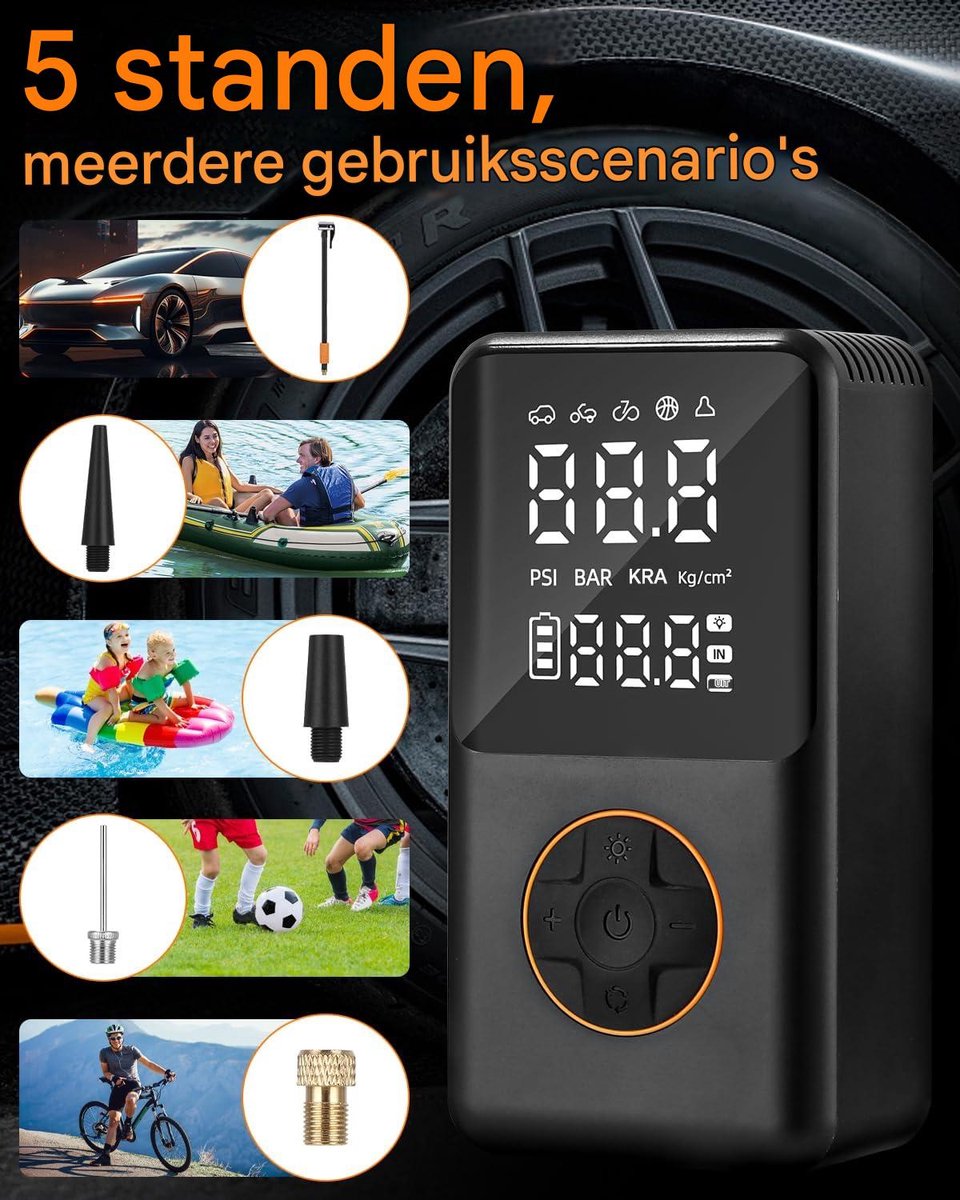 Draagbare bandenpomp 150 PSI - digitale drukmeter, 3x sneller, voor auto en fiets, zwart,Mini luchtcompressor voor motor, fiets en ballen thumbnail 5