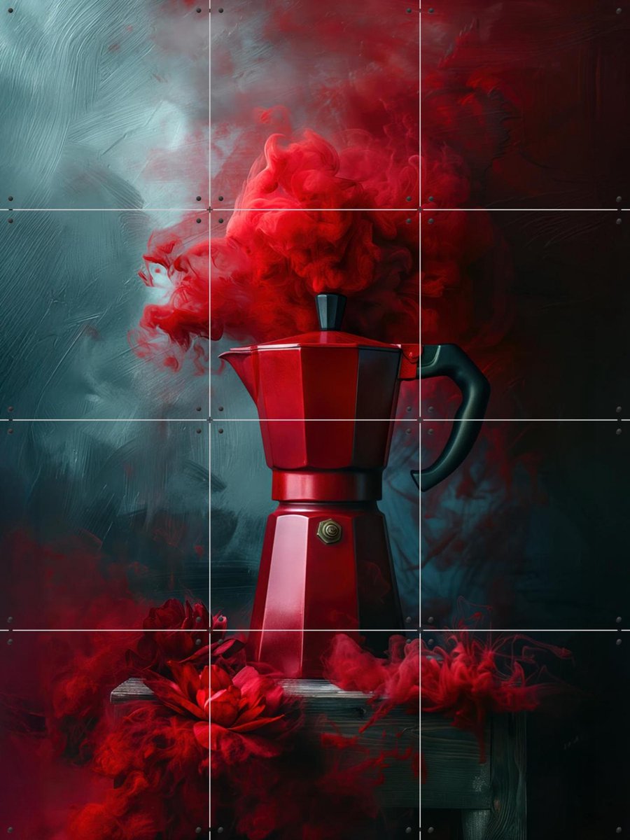 IXXI Italian Bialetti Coffee Percolator Red Smoke, OTTI - 60 x 80 cm - Gratis ophangtool - Grote wanddecoratie en posters - Modern, Digitale Kunst
