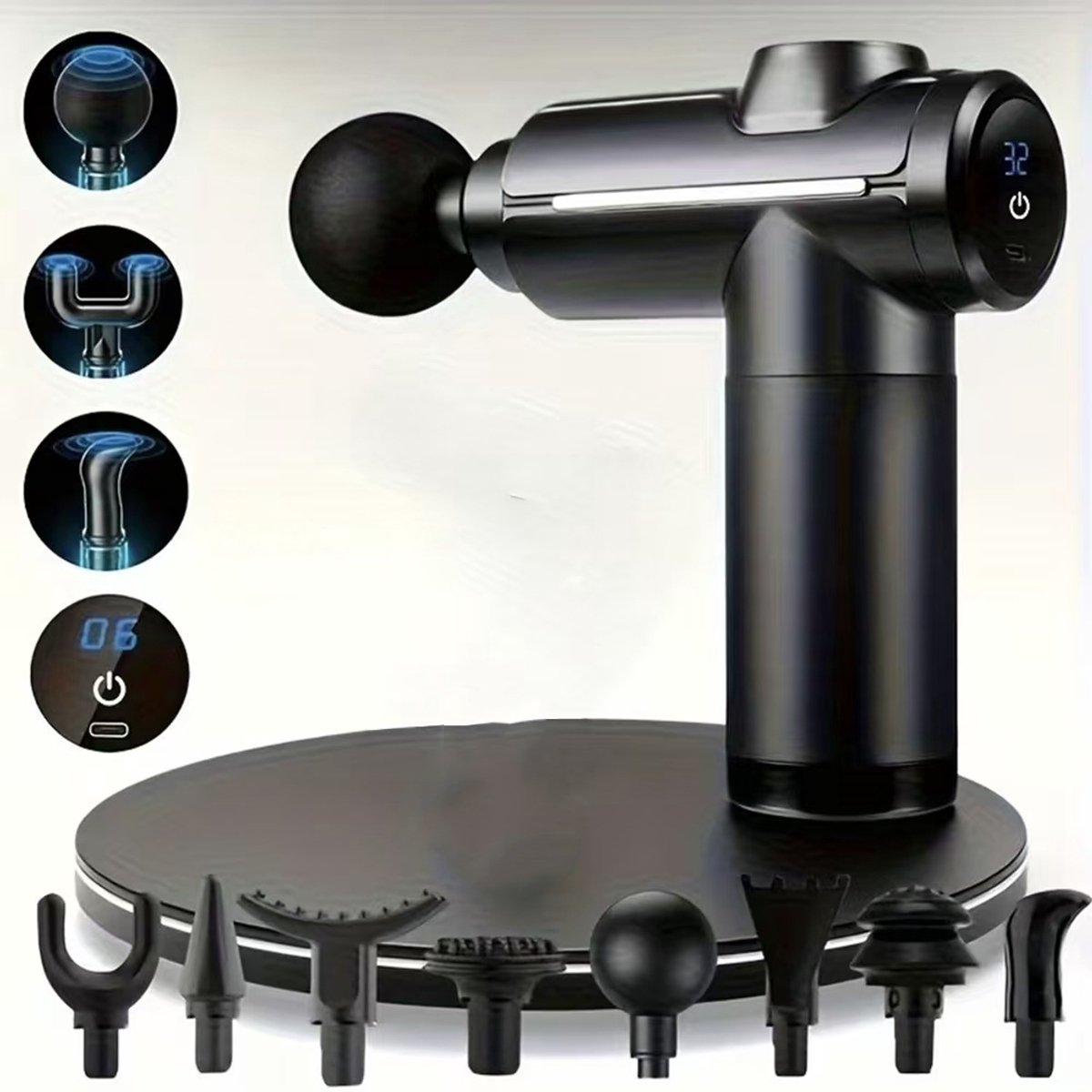 Massagepistool Met 32 ​​snelheidsniveaus LCD-Touchscreen 8 Opzetstukken Oplaadbaar En Draagbaar - 1200 mAh 30W Diepe Weefselpercussie - Voor Spierherstel En Pijnverlichting - Zwart