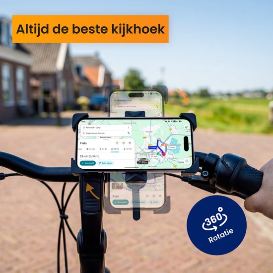 Een zwarte fiets telefoonhouder met navigatie op het scherm, op een stuur. "Altijd de beste kijkhoek".