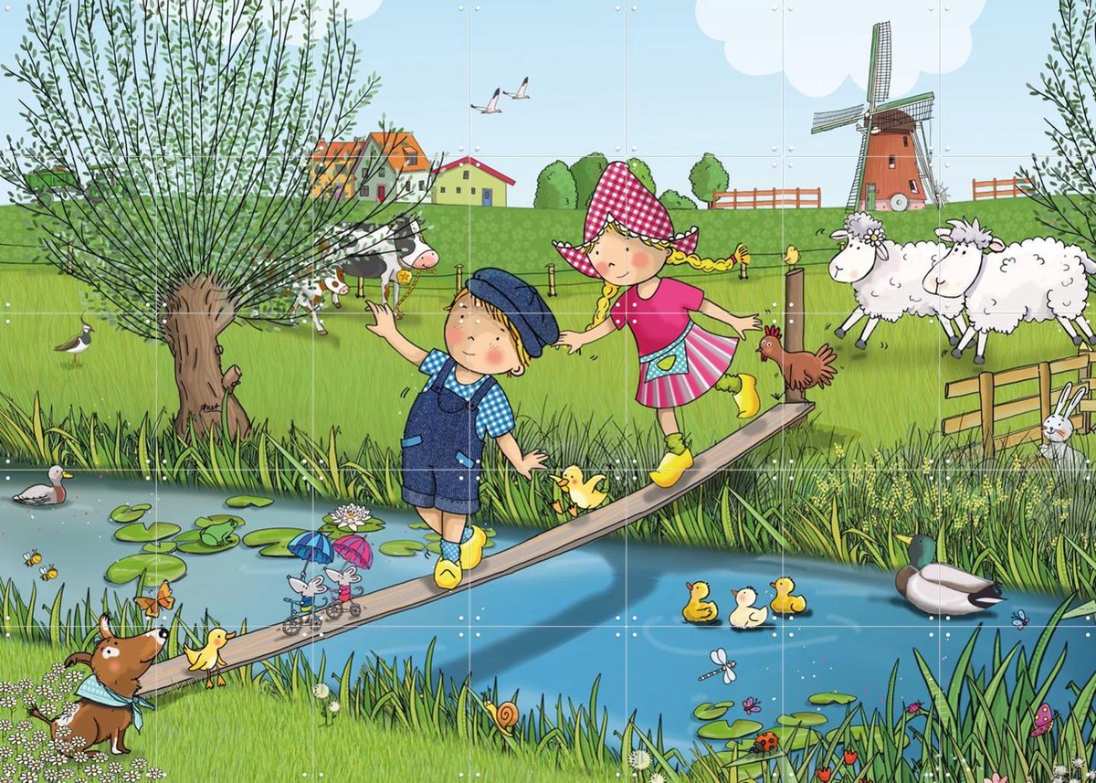 IXXI Fien & Teun op avontuur over de sloot, Fien & Teun & Van Hoorne Studios - 140 x 100 cm - Gratis ophangtool - Grote wanddecoratie en posters -