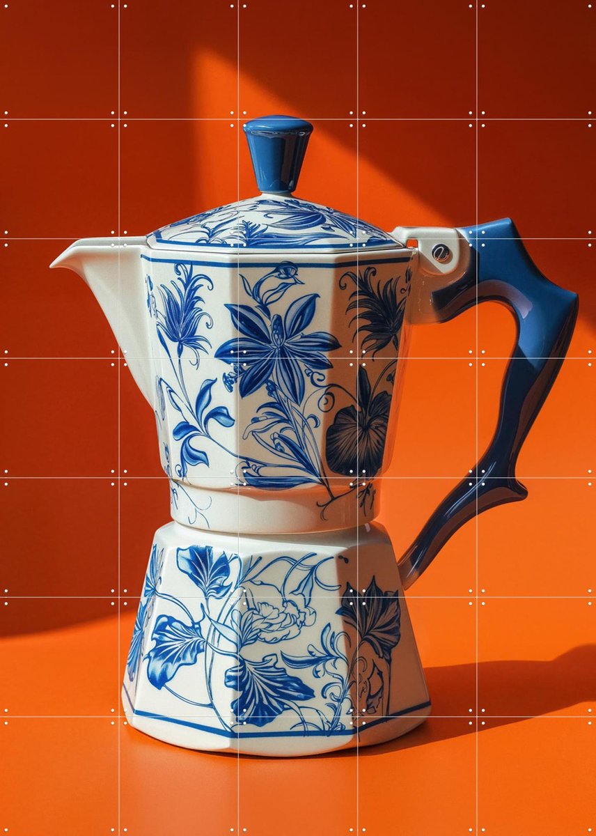 IXXI Oranje Delfts Blauw Percolator, OTTI - 100 x 140 cm - Gratis ophangtool - Grote wanddecoratie en posters - Vintage, Klassiek, Kleurrijk, Speels