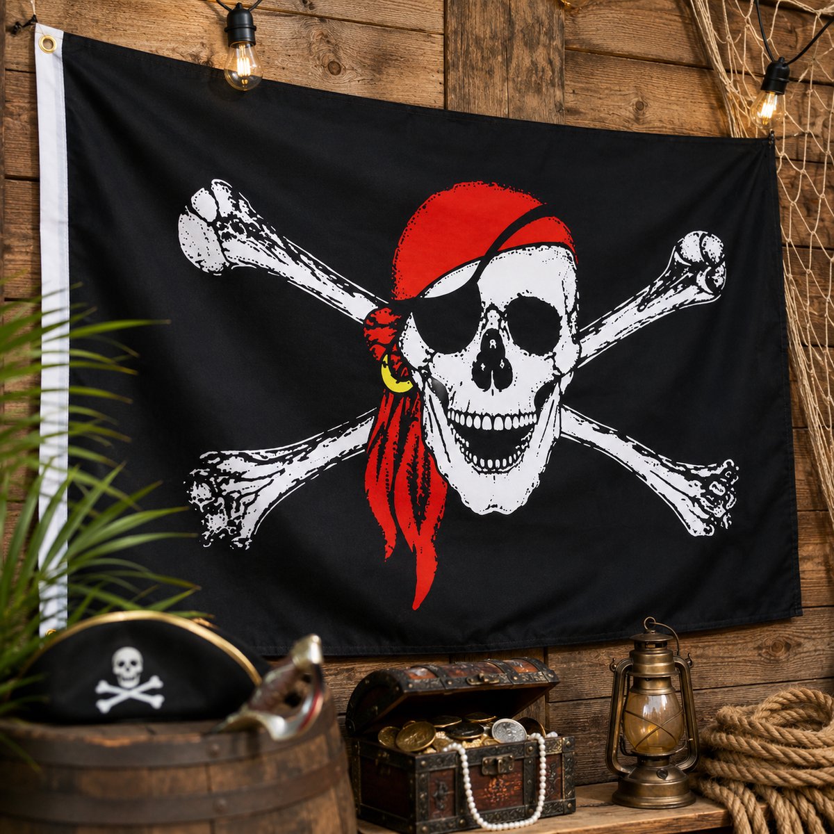 Piratenvlag 145 x 90 cm - Grote Piraten Vlag met Schedel - Vlag voor Vlaggenstok - Piraten Feestversiering