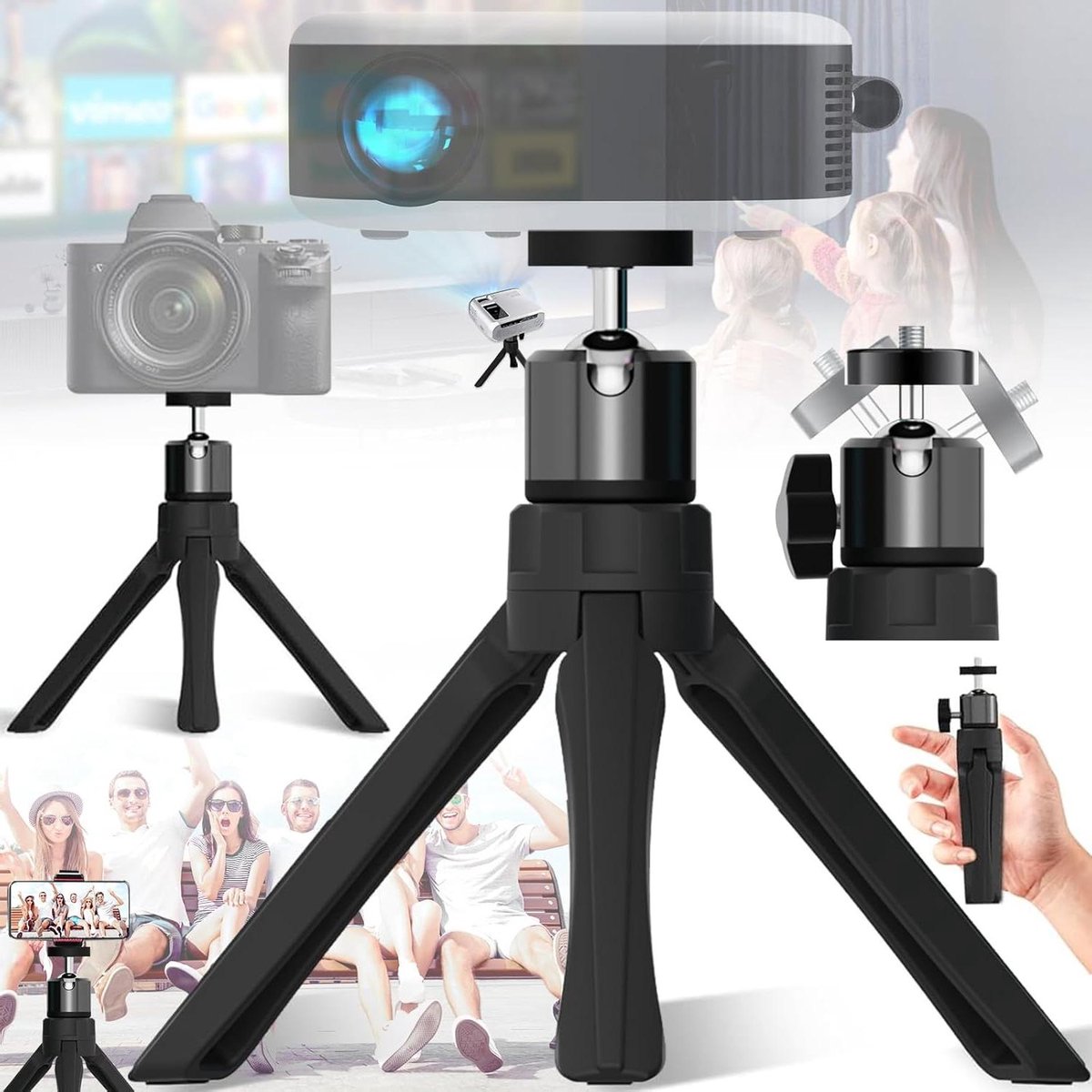 Mini Projector Statief - Tafelstatief Balhoofd - Apparatuur Stabiliseren - 360 Graden Draaibaar - 20 cm Inklapbaar - Zwart