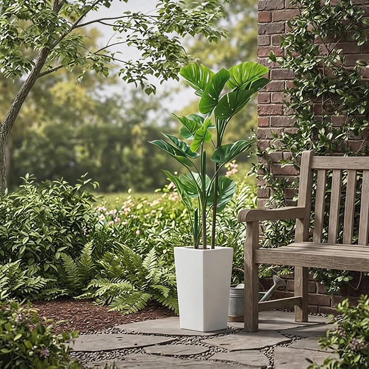 Triumpunpre - Nep Monstera Plant 137cm - Hoge Witte Pot - Stabiliteitsbasis & UV-Bestendig