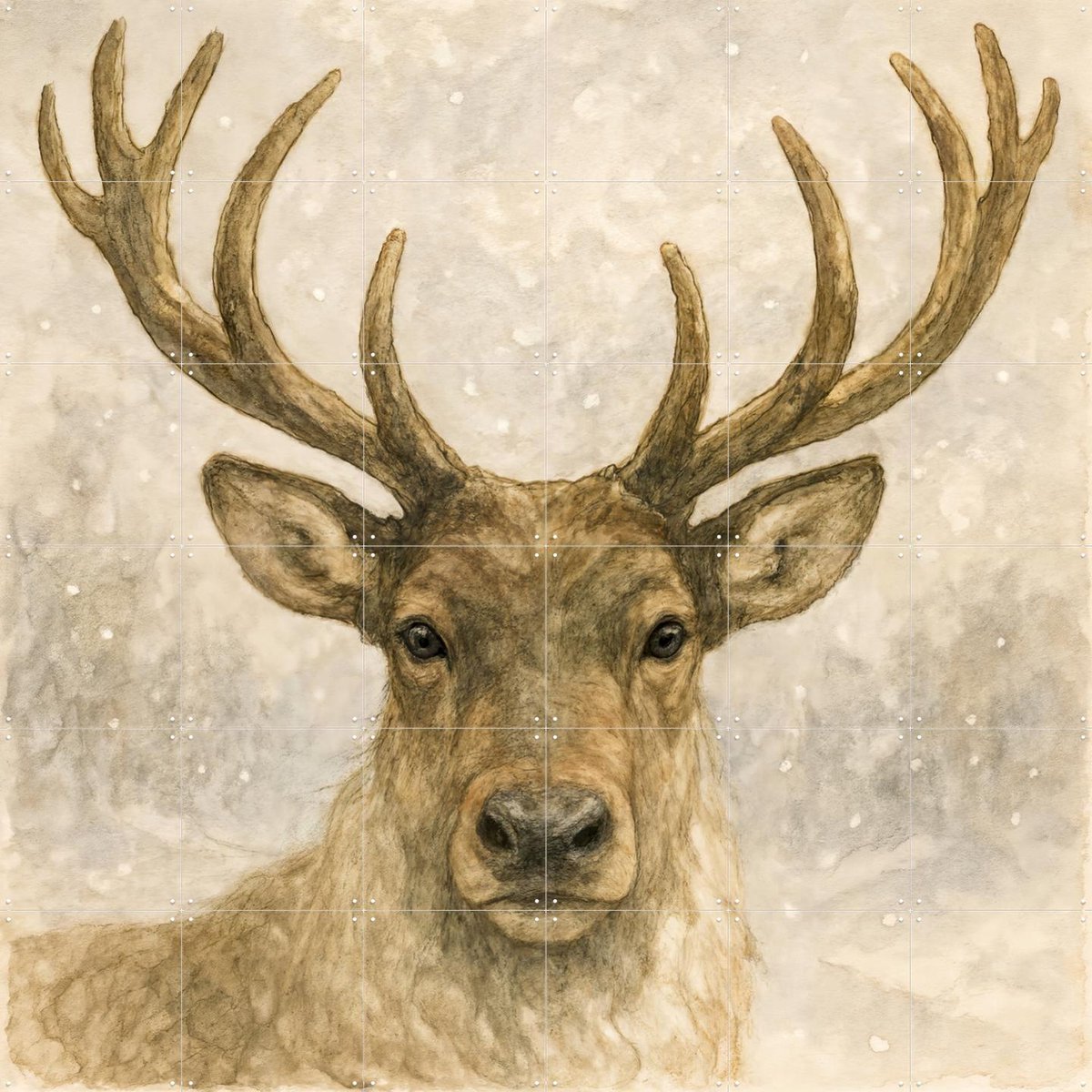 IXXI Edelhert in de Sneeuw, Natalie Bruns - 120 x 120 cm - Gratis ophangtool - Grote wanddecoratie en posters Eetkamer, Woonkamer, Sneeuw, Natuur