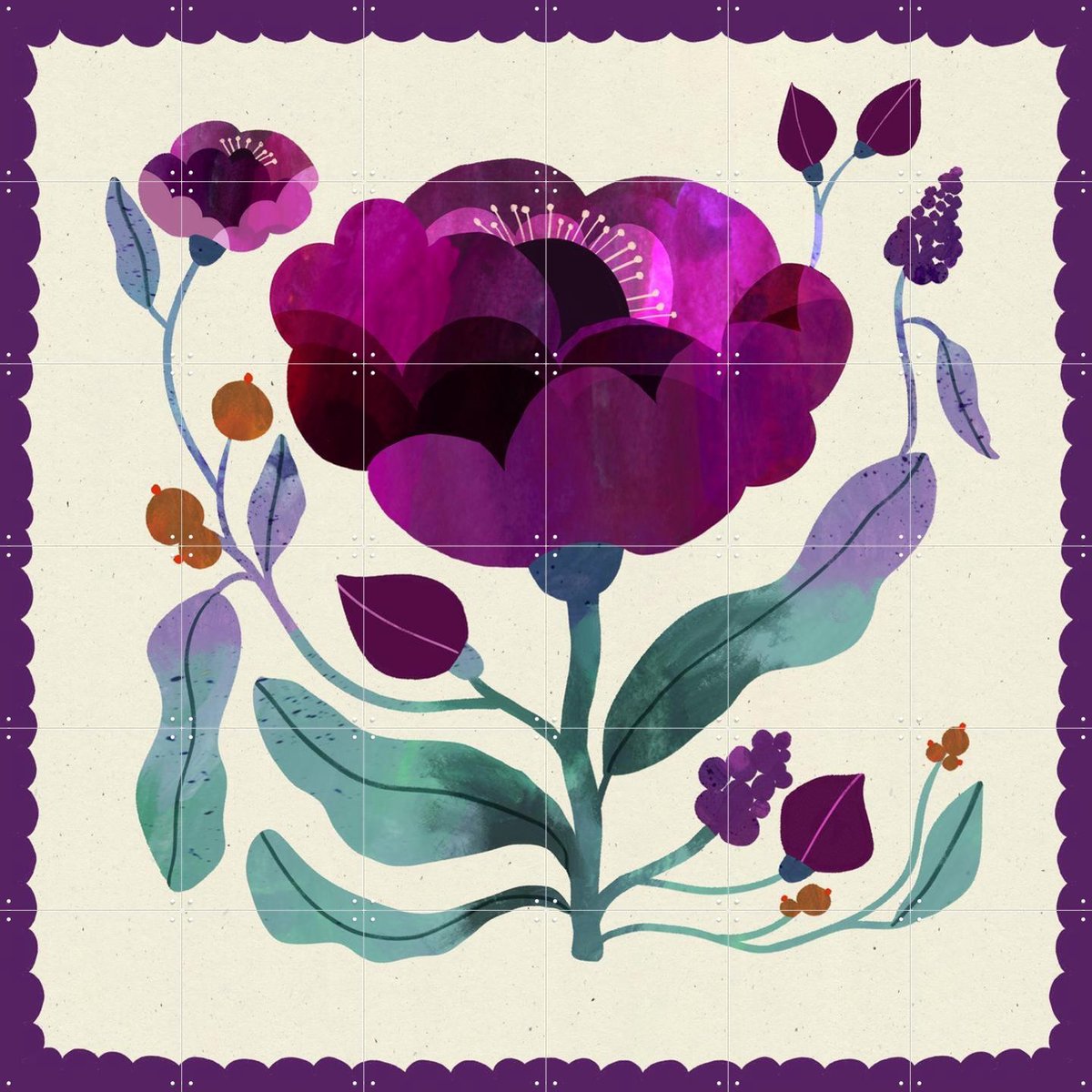 IXXI Purple Flower, Lena Addink - 120 x 120 cm - Gratis ophangtool - Grote wanddecoratie en posters - Speels, Illustraties, Slaapkamer, Trap