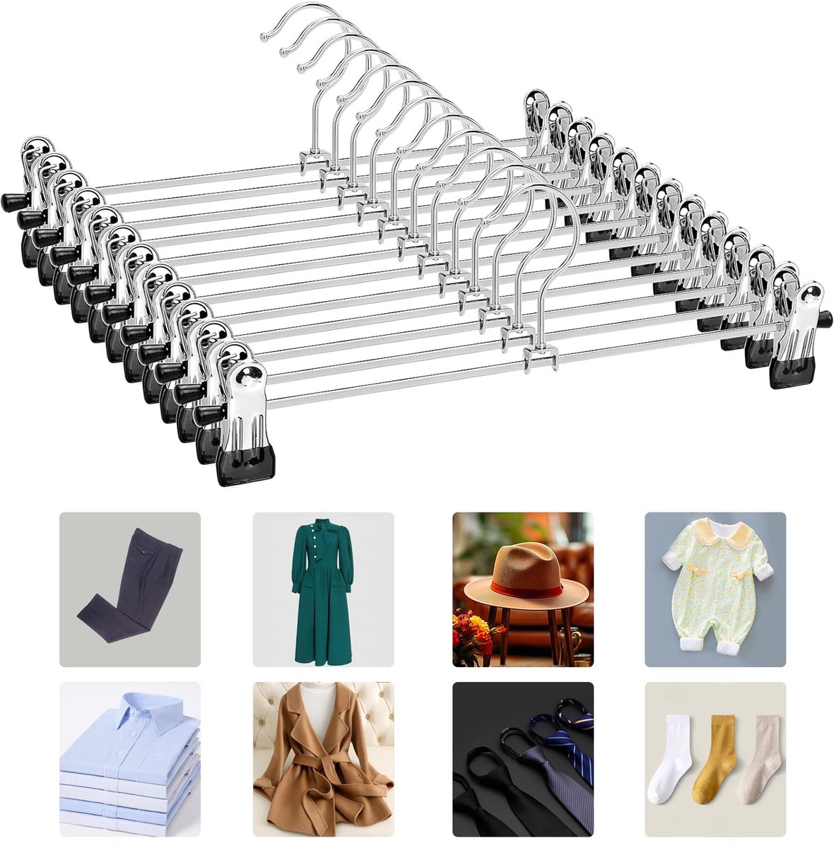 Broekhanger - Set Van 12 Broekhangers - Ruimtebesparende Rokkenhangers - Antislip Kledinghangers - Met Verstelbare Clips