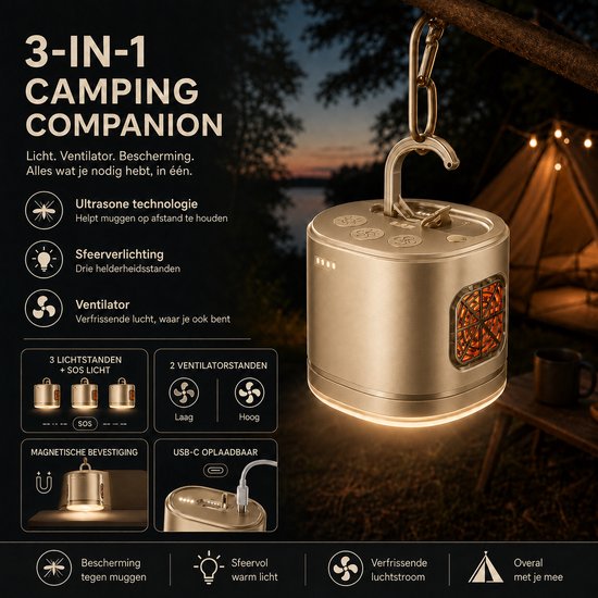 Torngat TentLight Pro LED Campinglamp - USB-C Oplaadbare Tentlamp & Noodlamp met Ventilator, SOS-Licht, Powerbank en Ultrasone Functie - Voor Camping, Tent, Caravan, Auto, Tuin & Stroomuitval - 1200mAh - Champagne Goud — afbeelding 2