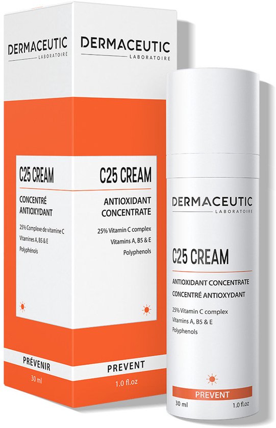 Dermaceutic C25 Cream pompflacon en de bijbehorende doos. Beiden met oranje en witte accenten.