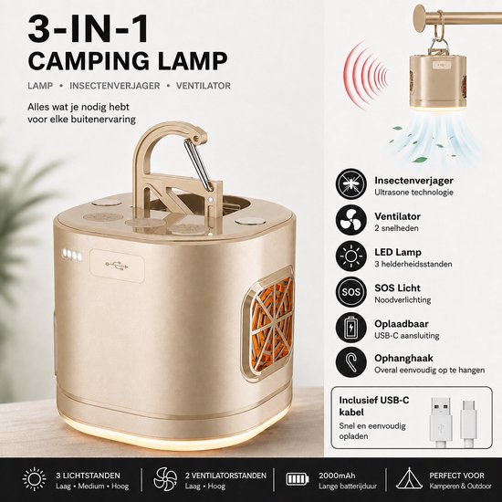 Torngat TentLight Pro LED Campinglamp - USB-C Oplaadbare Tentlamp & Noodlamp met Ventilator, SOS-Licht, Powerbank en Ultrasone Functie - Voor Camping, Tent, Caravan, Auto, Tuin & Stroomuitval - 1200mAh - Champagne Goud — afbeelding 3